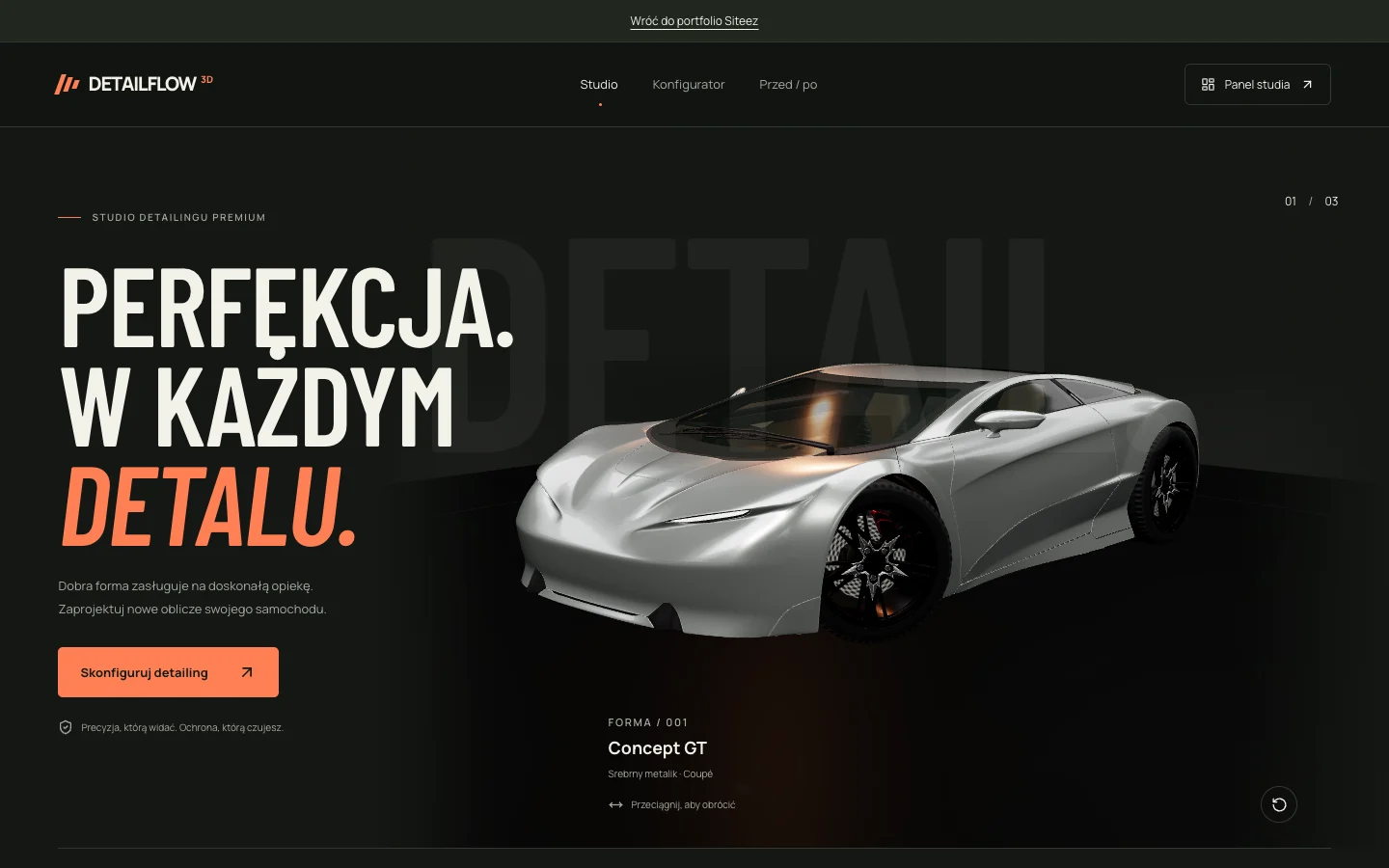 Aplikacja DETAILFLOW 3D z interaktywnym samochodem i konfiguracją detailingu
