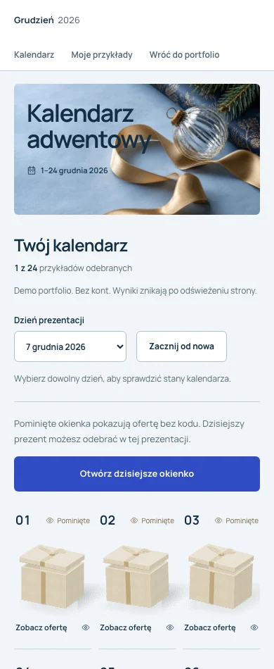 Kalendarz na telefonie z trzema kolumnami prezentów
