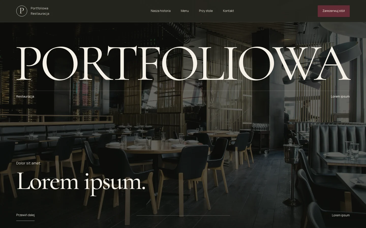 Strona Portfoliowej Restauracji z dużą typografią i fotografią wnętrza
