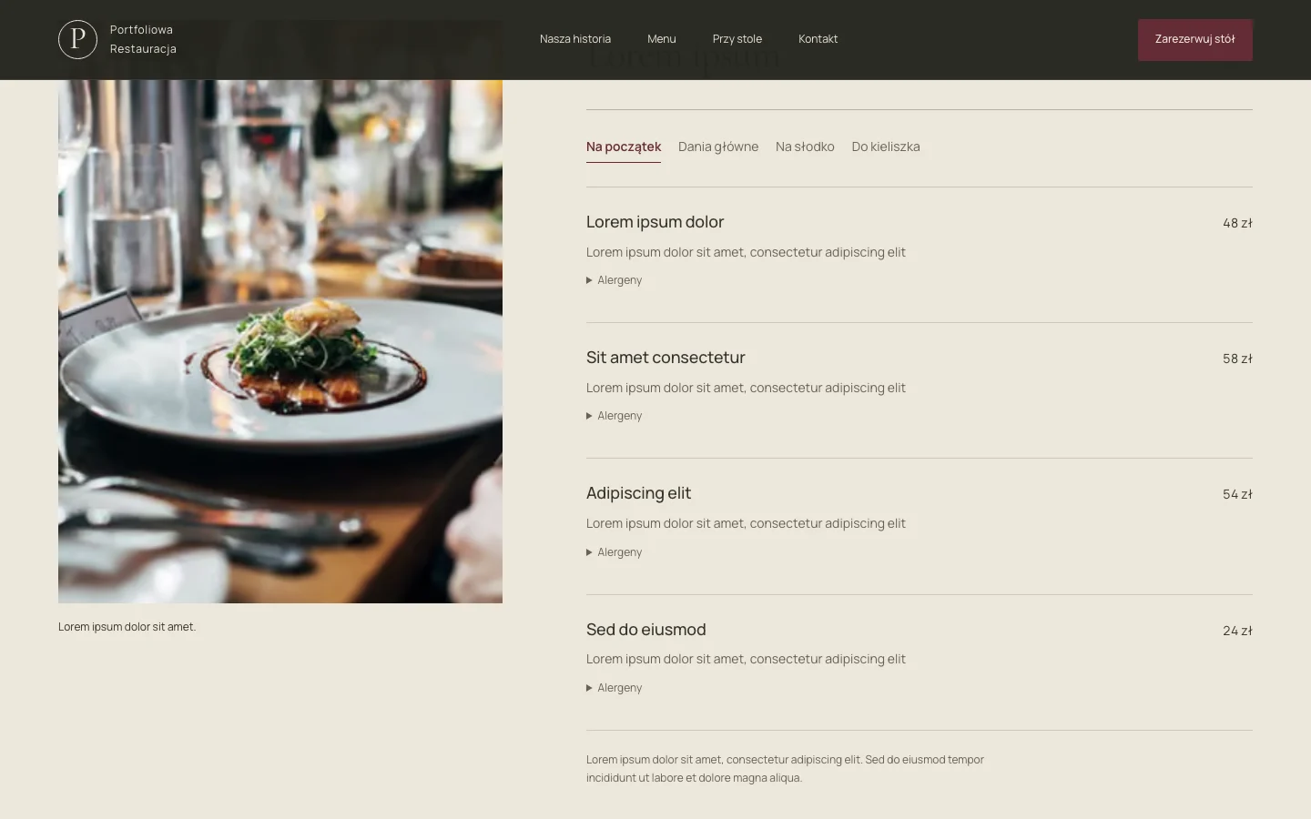 Karta dań z kategoriami i informacjami o alergenach